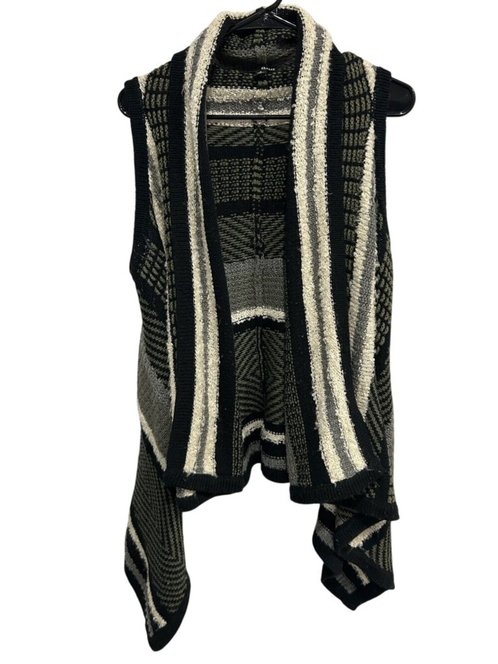 Ana Small Open Front Knit Sweater Vest Black Beige Geometric Pattern Retro Boho